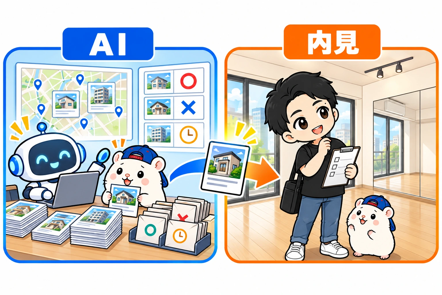 AIが物件と返事を整理し、人が現地で内見する分担