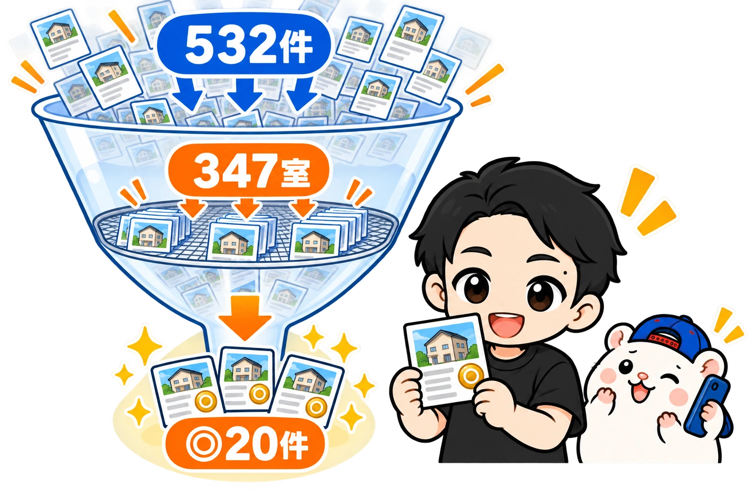532件から重複をまとめて347室、◎20件へ絞る