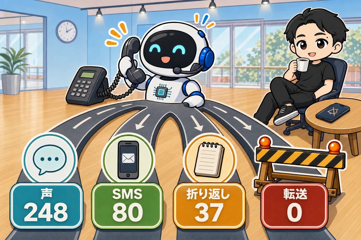 AIの電話番。声・SMS・折り返しの3つに分けて、転送の道はふさいでいる