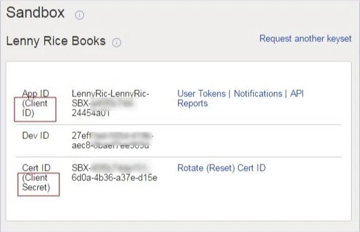 eBay公式ガイドに載っているApplication Keysの画面例。App ID・Dev ID・Cert IDの3つが出る