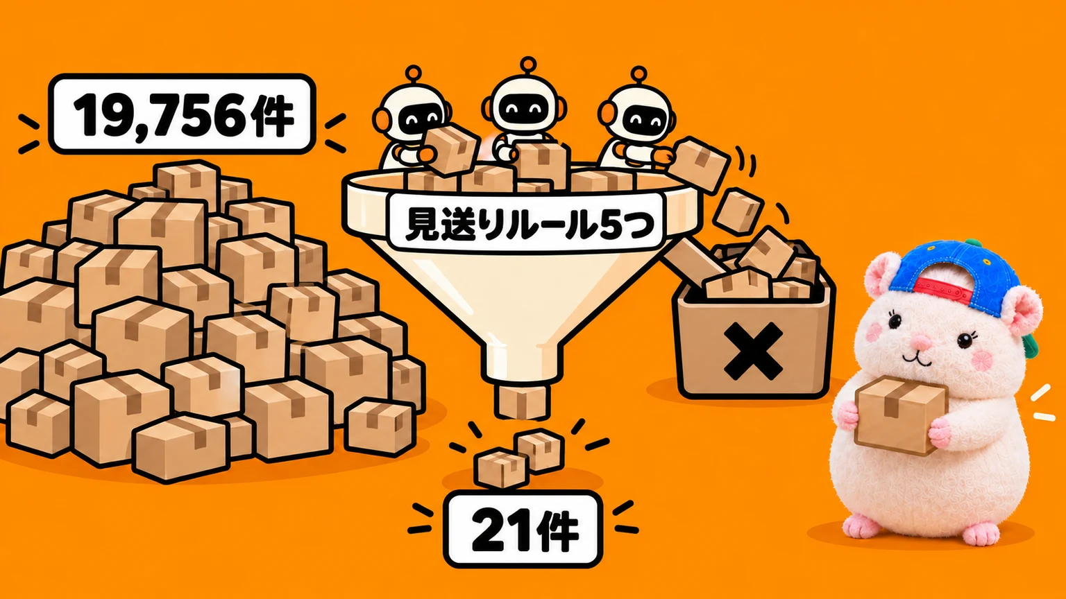19,756件を見送りルール5つで判定して、出てきたのは21件
