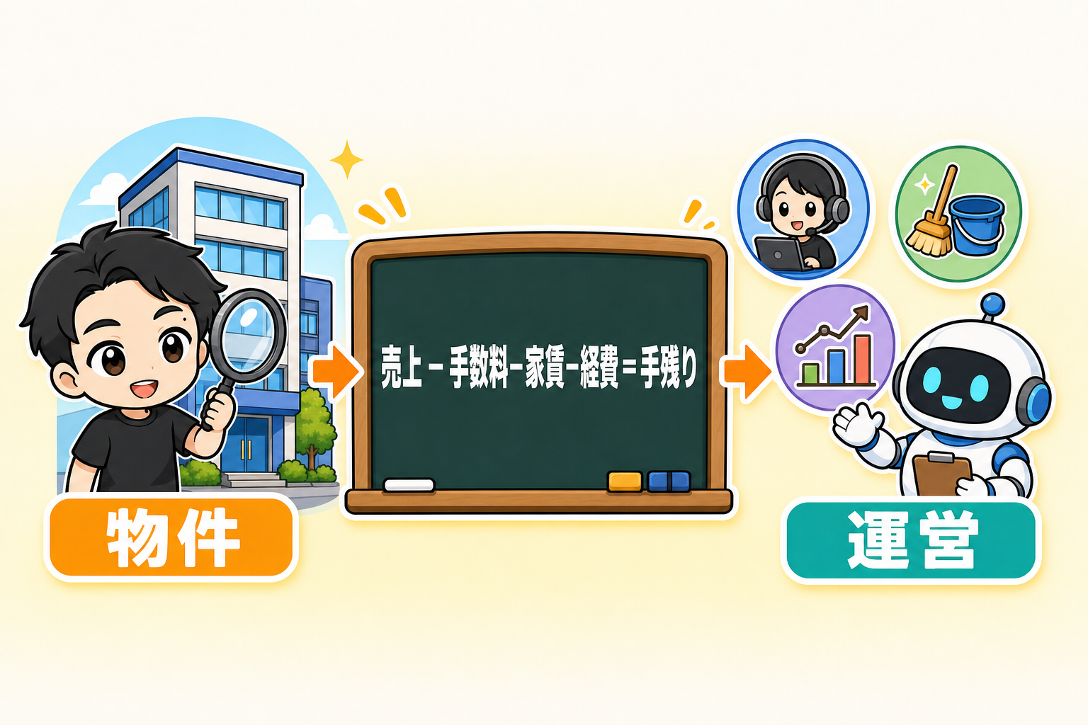 レンタルスペース経営の全体像: 物件→利益の式(売上−手数料−家賃−経費=手残り)→運営