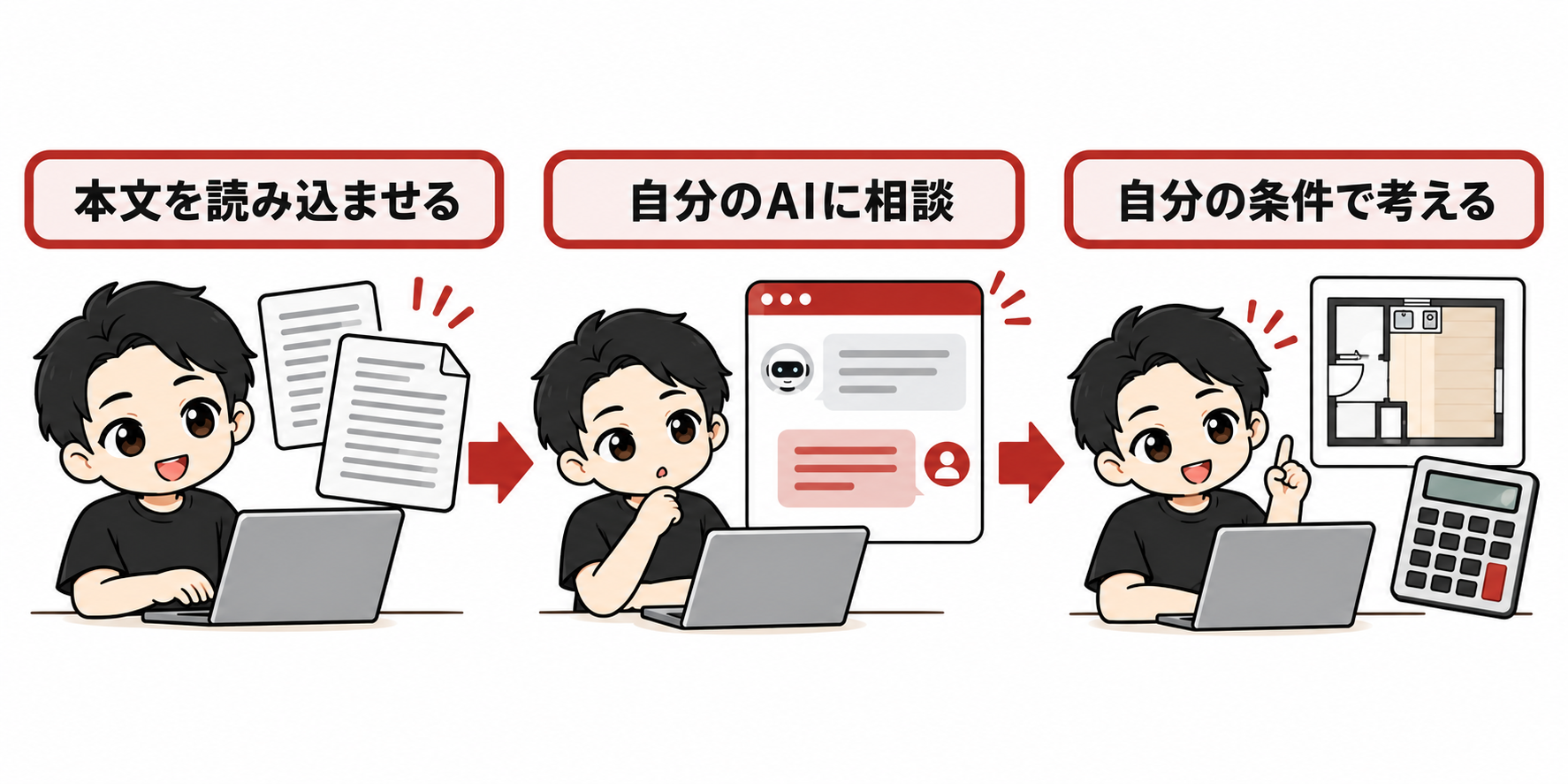 本文を読み込ませる、自分のAIに相談、自分の条件で考える、の3コマ