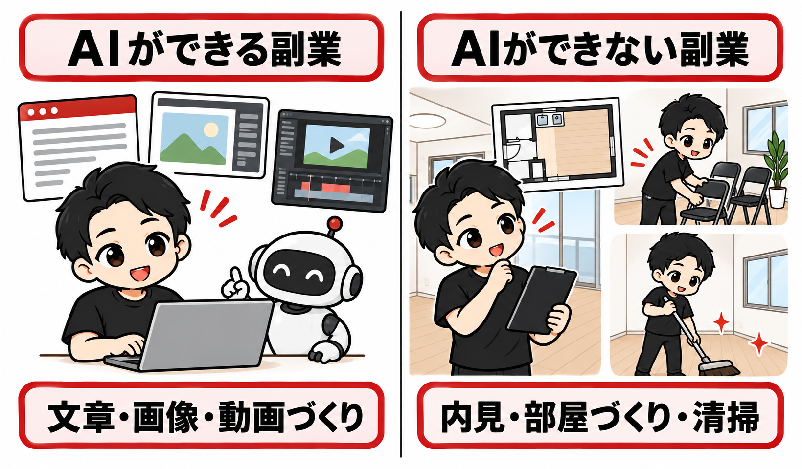 AIによる文章・画像・動画づくりと、人による内見・部屋づくり・清掃の対比