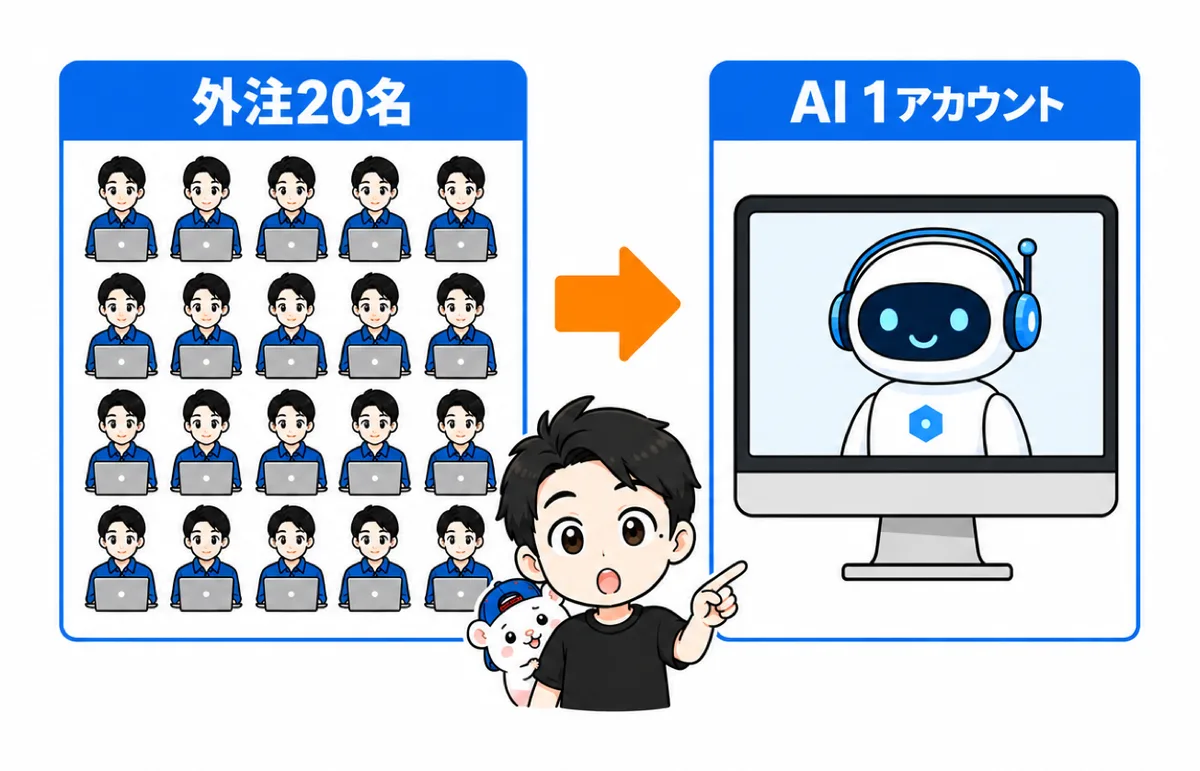 物販の置き換わり対比(外注さん20名→AI1アカウント)